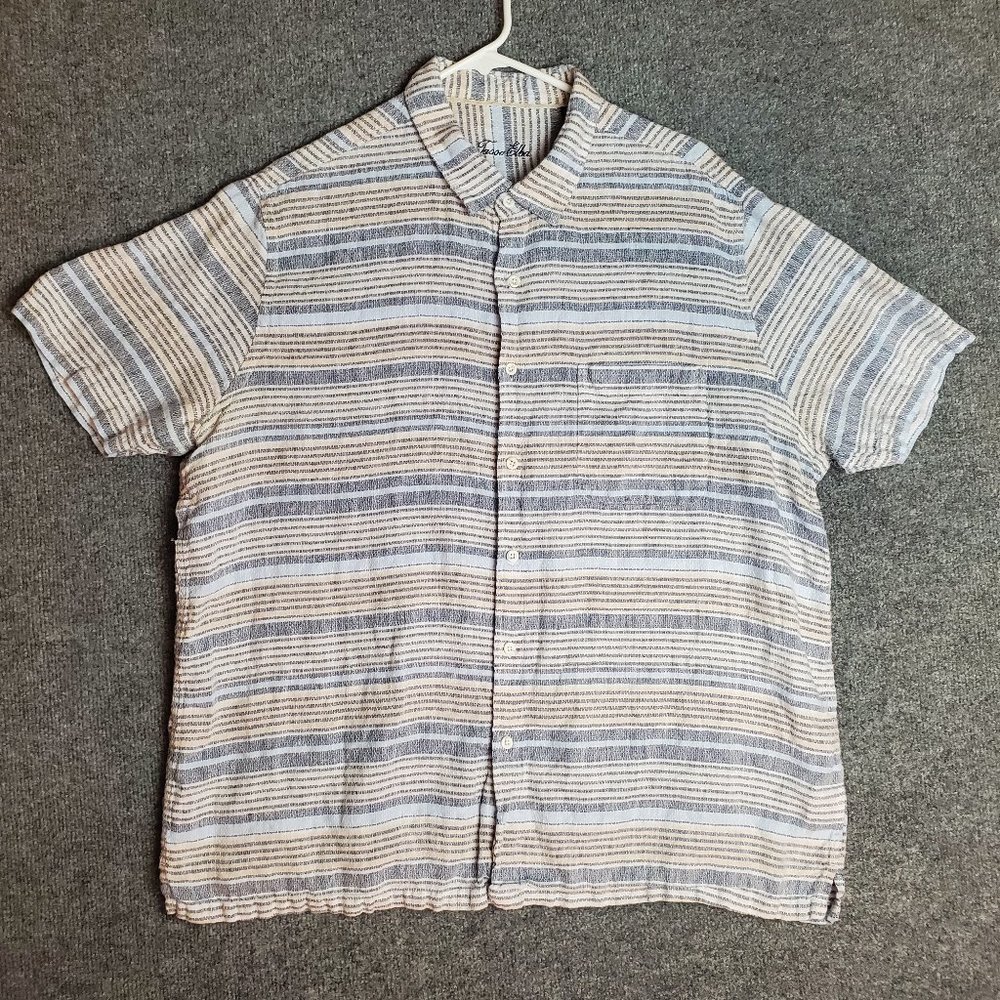 Tasso Elba 100% Linen XXL 18-18 1/2 Blue White Striped Button Short Shirt A7